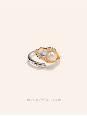 Two-Tone Leaf Pearl Open Ring - Gold & Silver